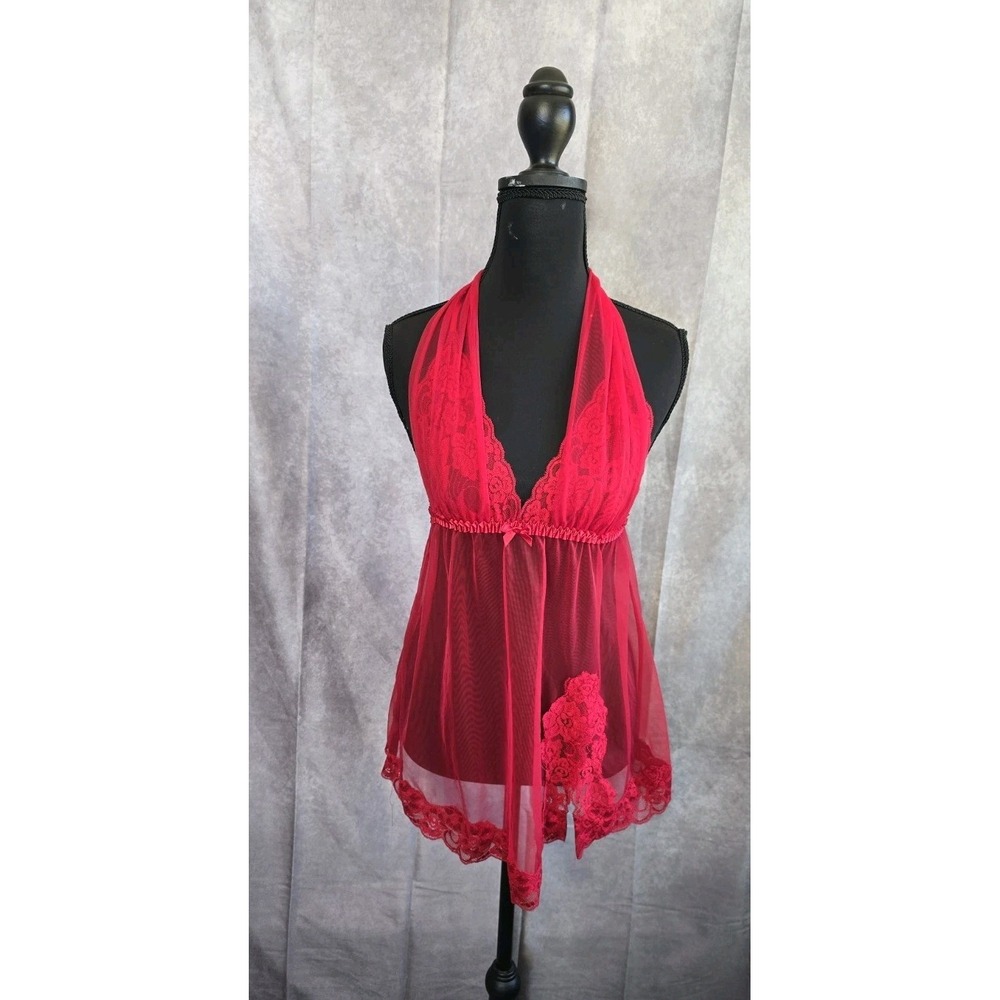 Women's Frederick's of Hollywood Red Lace Babydoll Sz M V-Neck HALTER Straps
